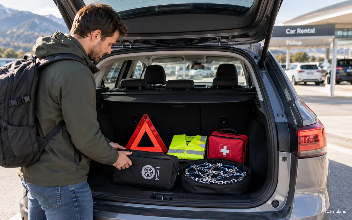Warning triangle, reflective vest, first-aid kit, spare tyre equipment, and winter gear