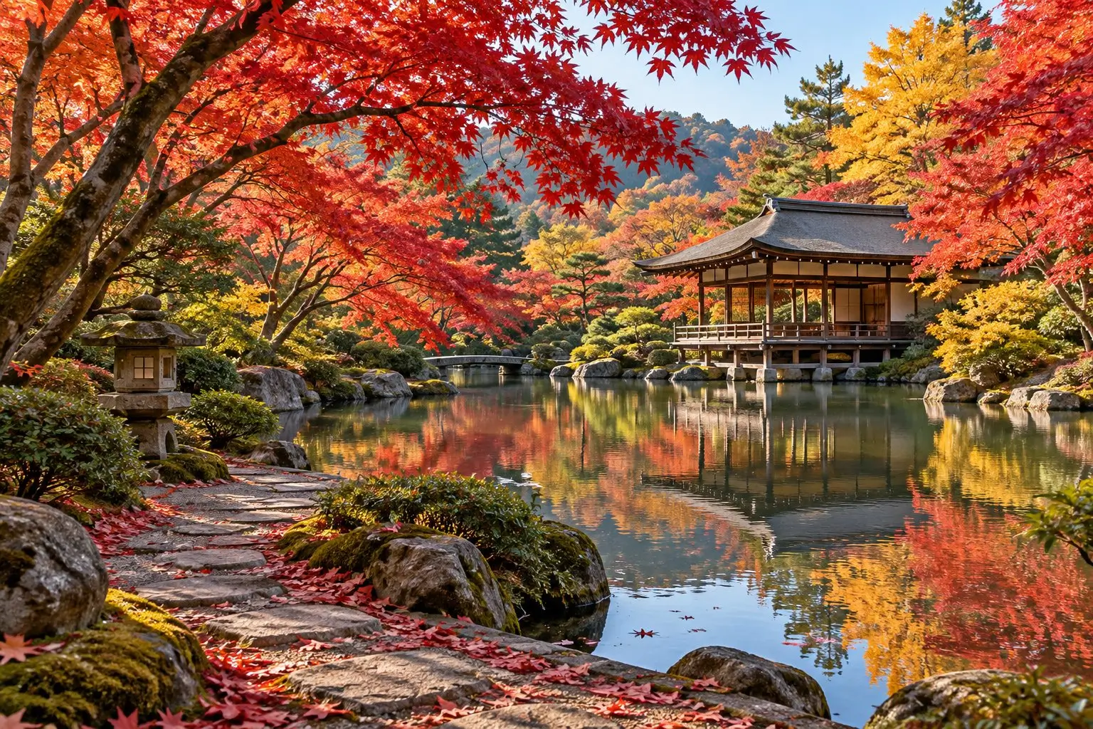Red and gold maple leaves around a Japanese garden pond and wooden pavilion