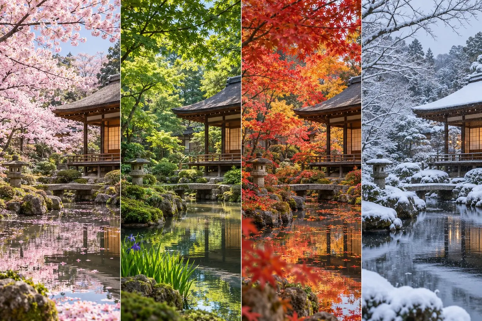 Illustrated Japanese garden in spring blossom, summer greenery, autumn foliage and winter snow