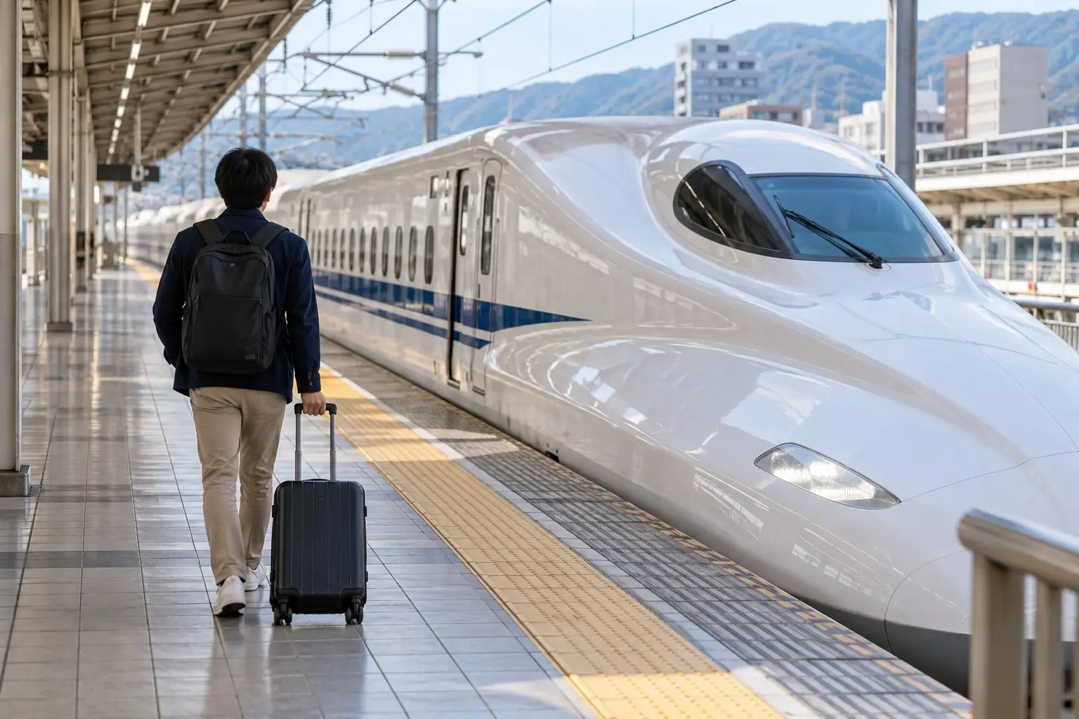 Traveler with a suitcase beside a Japanese bullet train