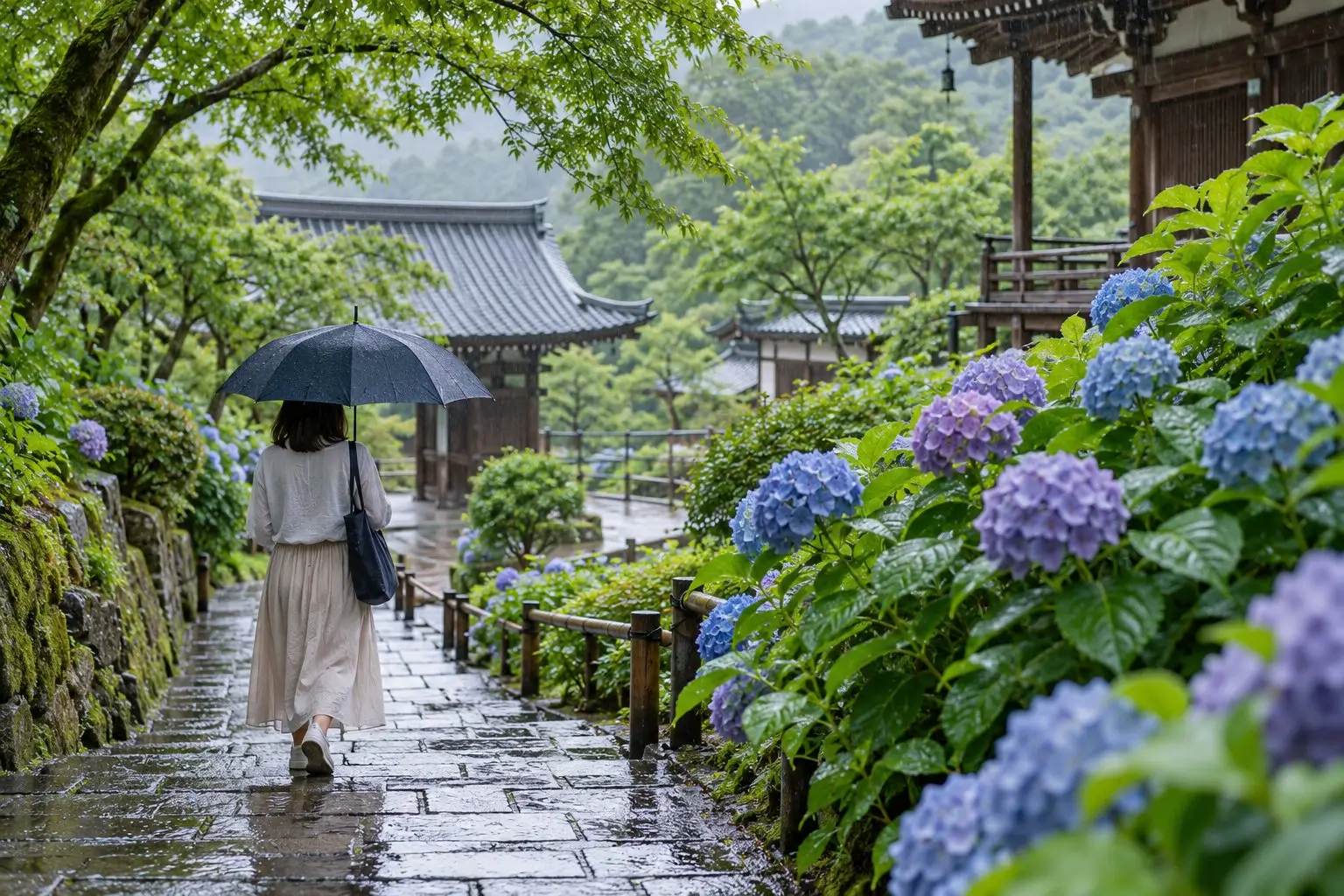 Traveler with an umbrella on a wet garden path beside blue and purple hydrangeas