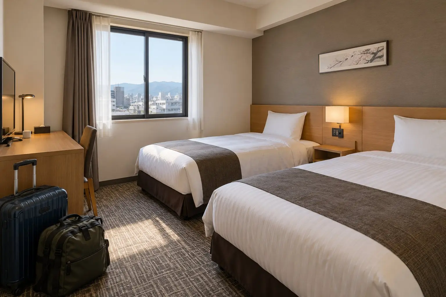 Compact twin hotel room illustrating shared accommodation for a Japan trip