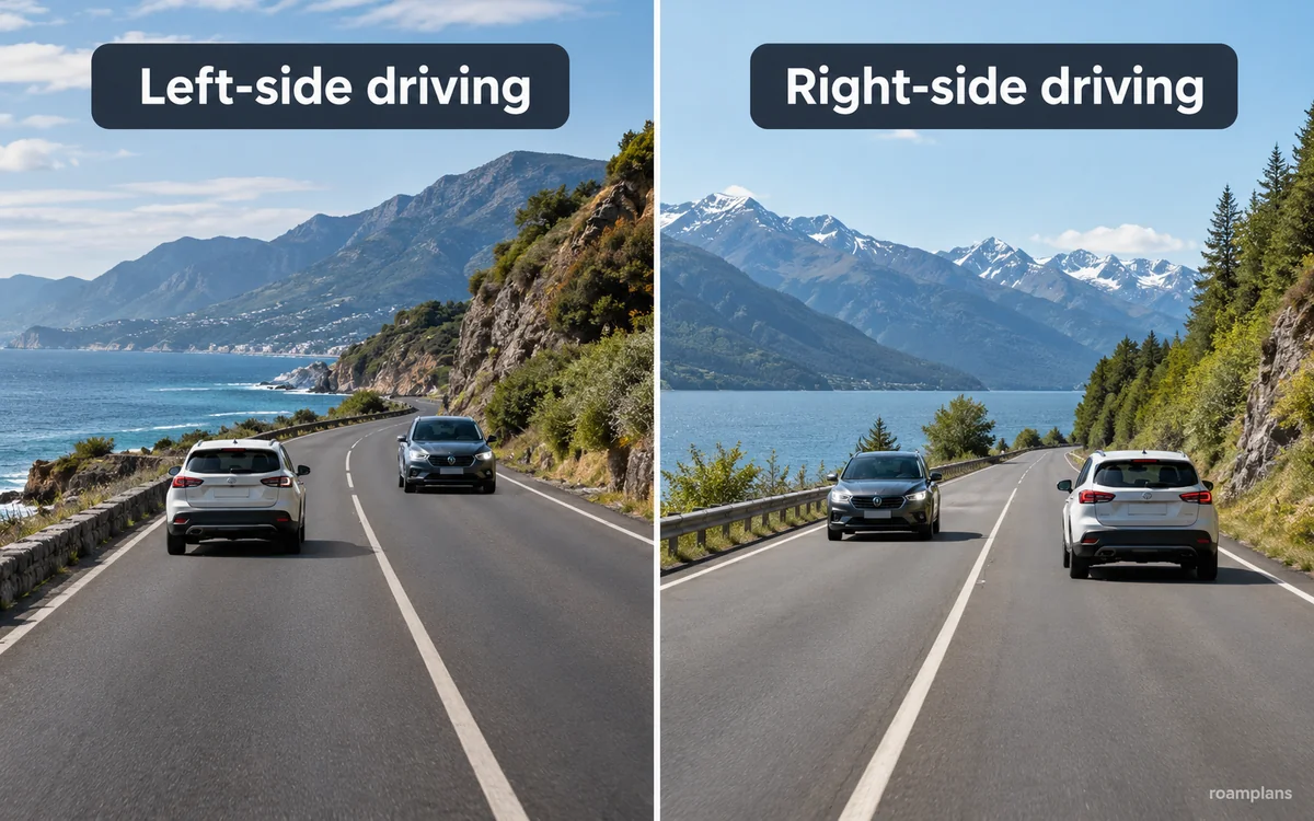 Two road scenes comparing left-side and right-side driving with correct lane position
