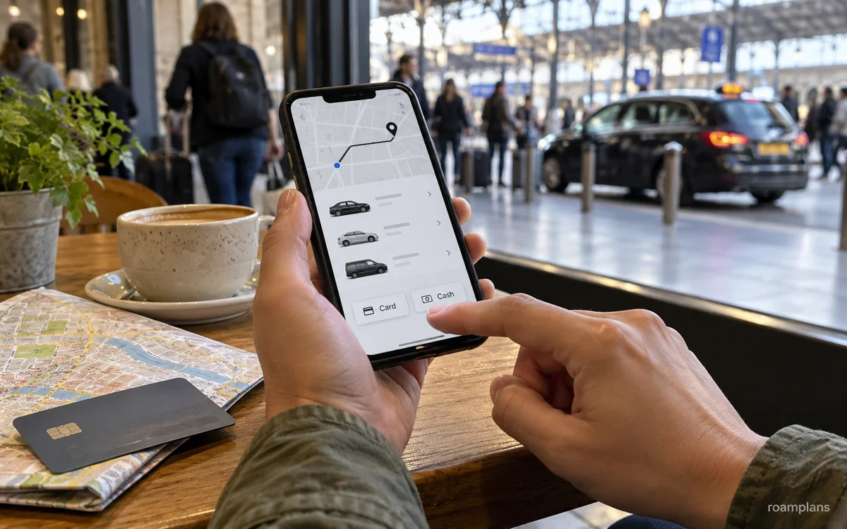 Traveler checking a local ride app with cash, card, and local vehicle options