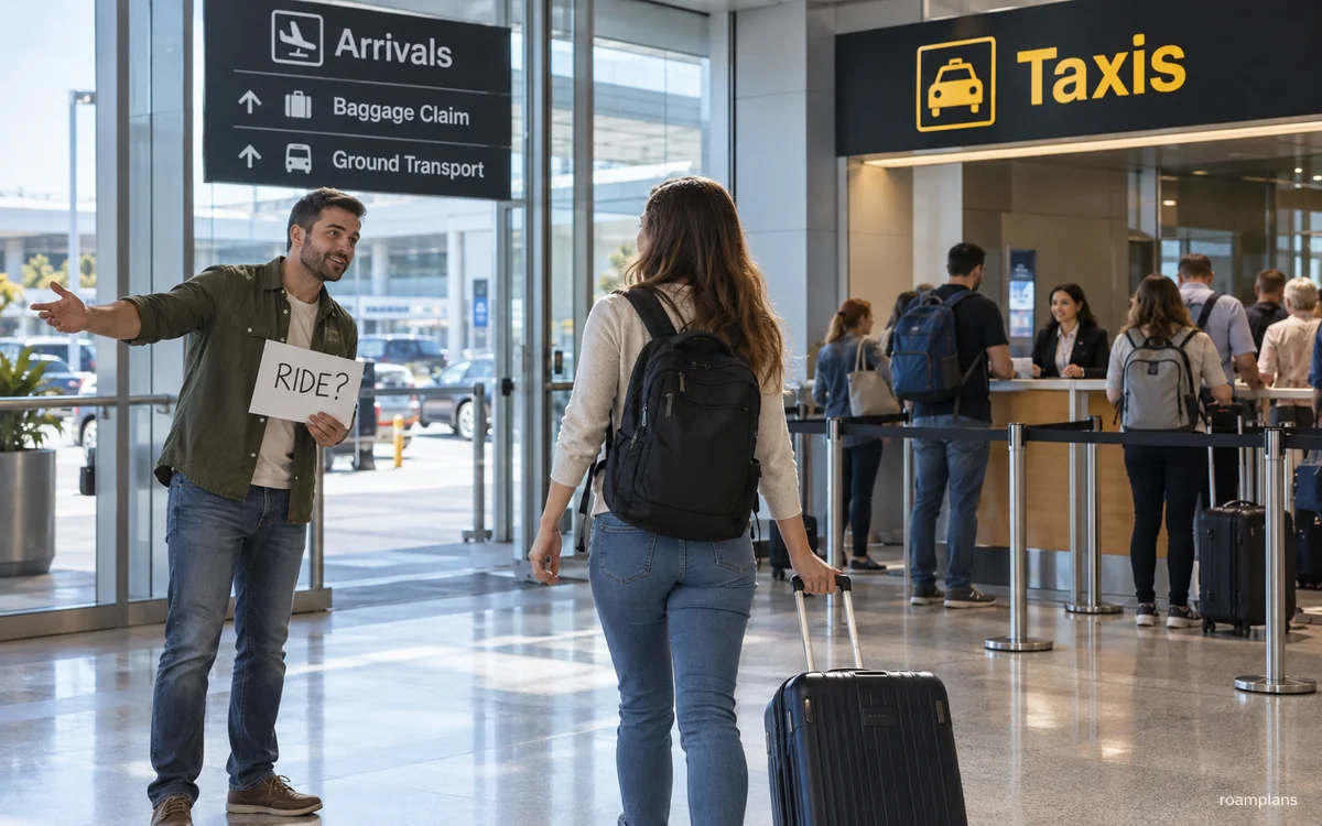 Illustrative traveler choosing a staffed airport taxi desk instead of an unsolicited ride offer