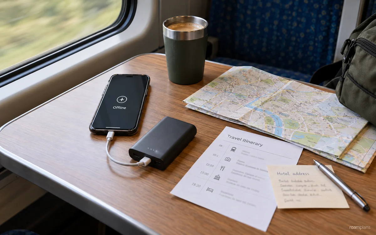 Phone with no signal beside printed tickets, offline map, hotel address, and power bank
