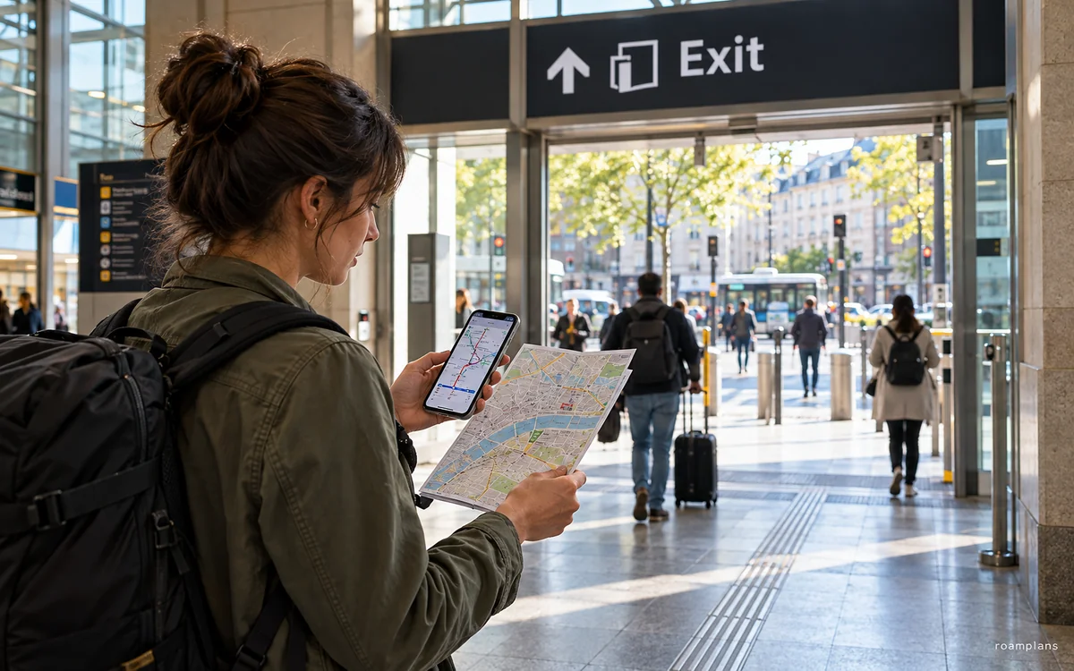 Traveler checking a metro route map and station exits