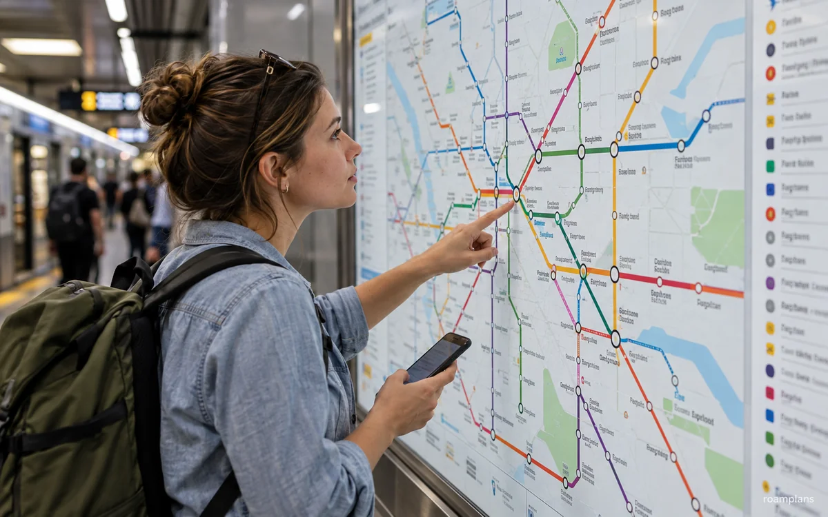 Traveler reading a city metro and bus network map