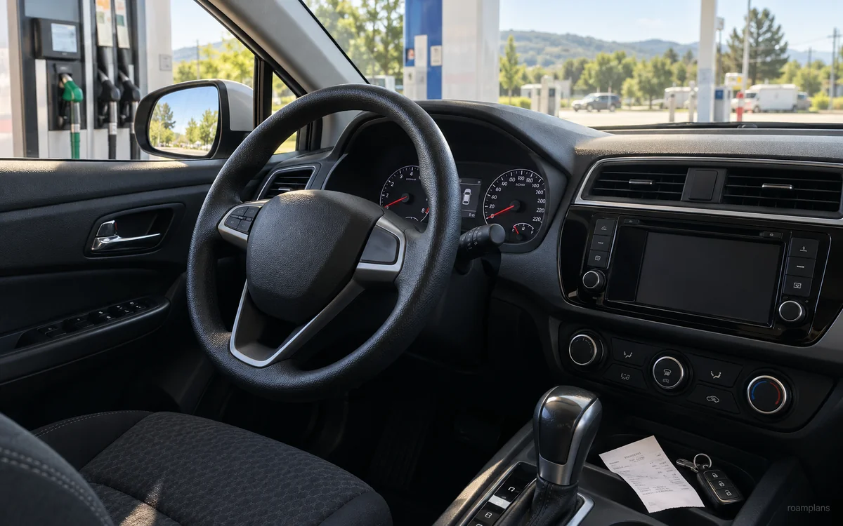 Rental car dashboard, fuel gauge, petrol station, and fuel receipt