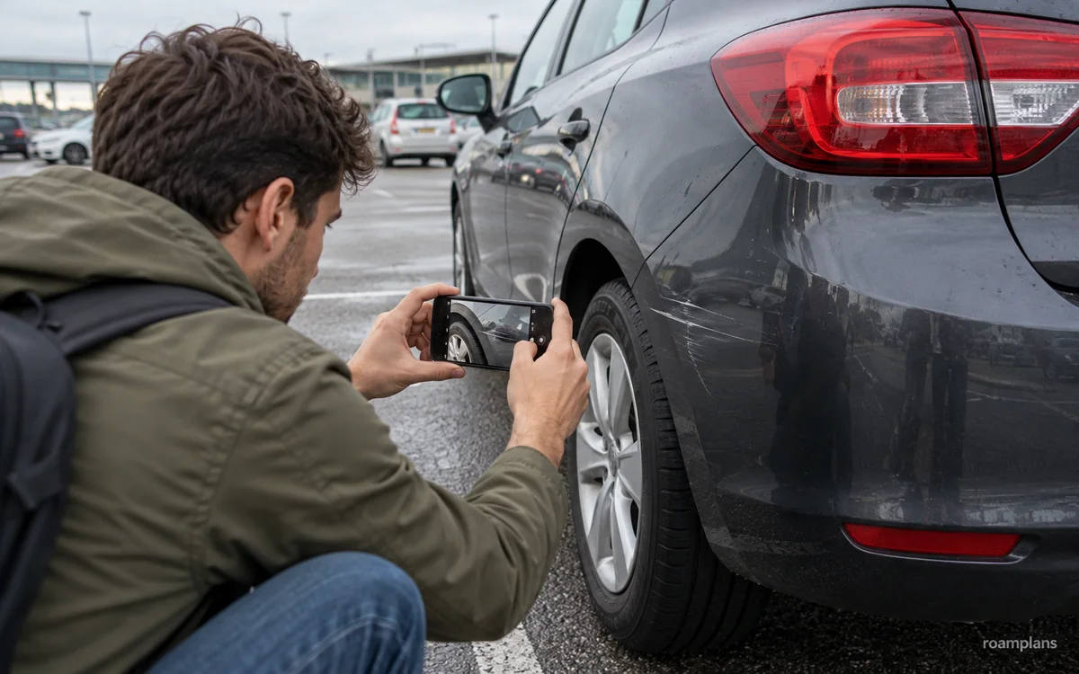 Traveler photographing a pre-existing wheel-arch scratch on a parked rental car