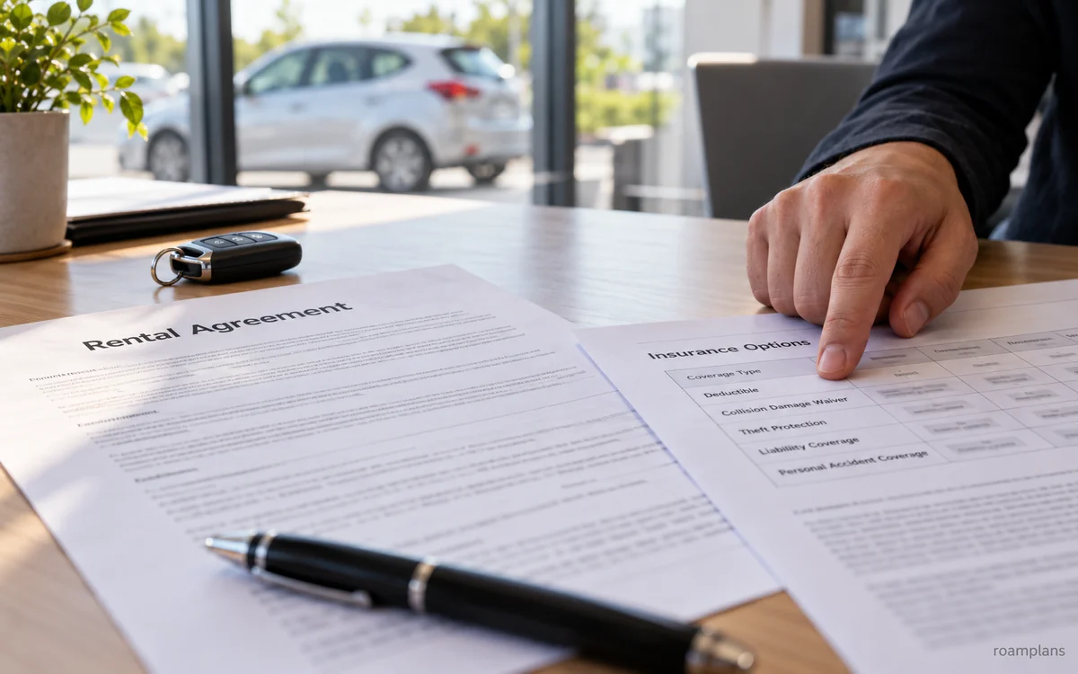 Rental agreement, car keys, insurance options, and damage waiver details on a desk