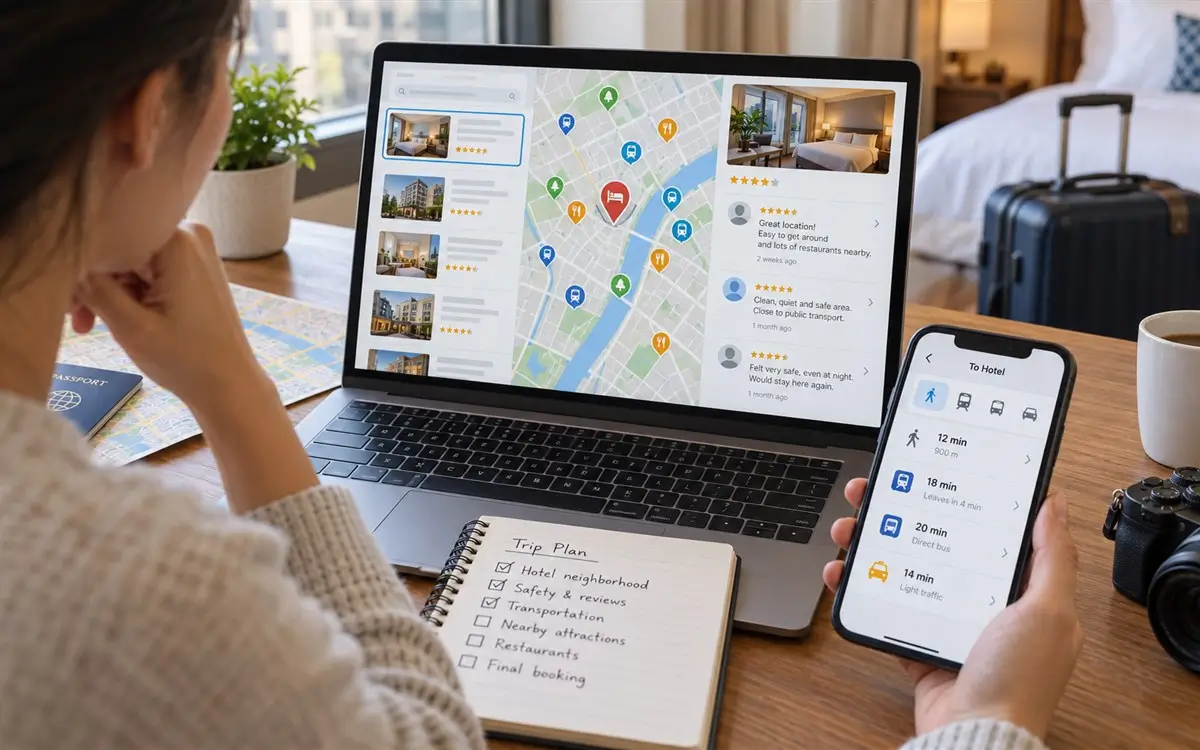 Traveler researching a hotel neighborhood using maps, recent reviews, and local transport information