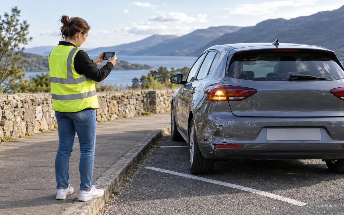 Driver photographing minor car damage from a protected parking area
