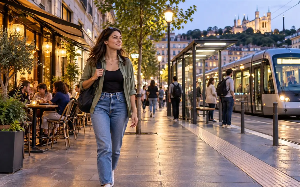 Solo traveler walking through a well-lit active neighborhood near public transport and local businesses