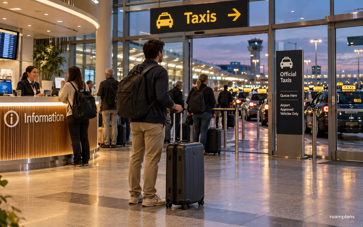 Traveler waiting in a well-lit staffed transport area near an official taxi rank