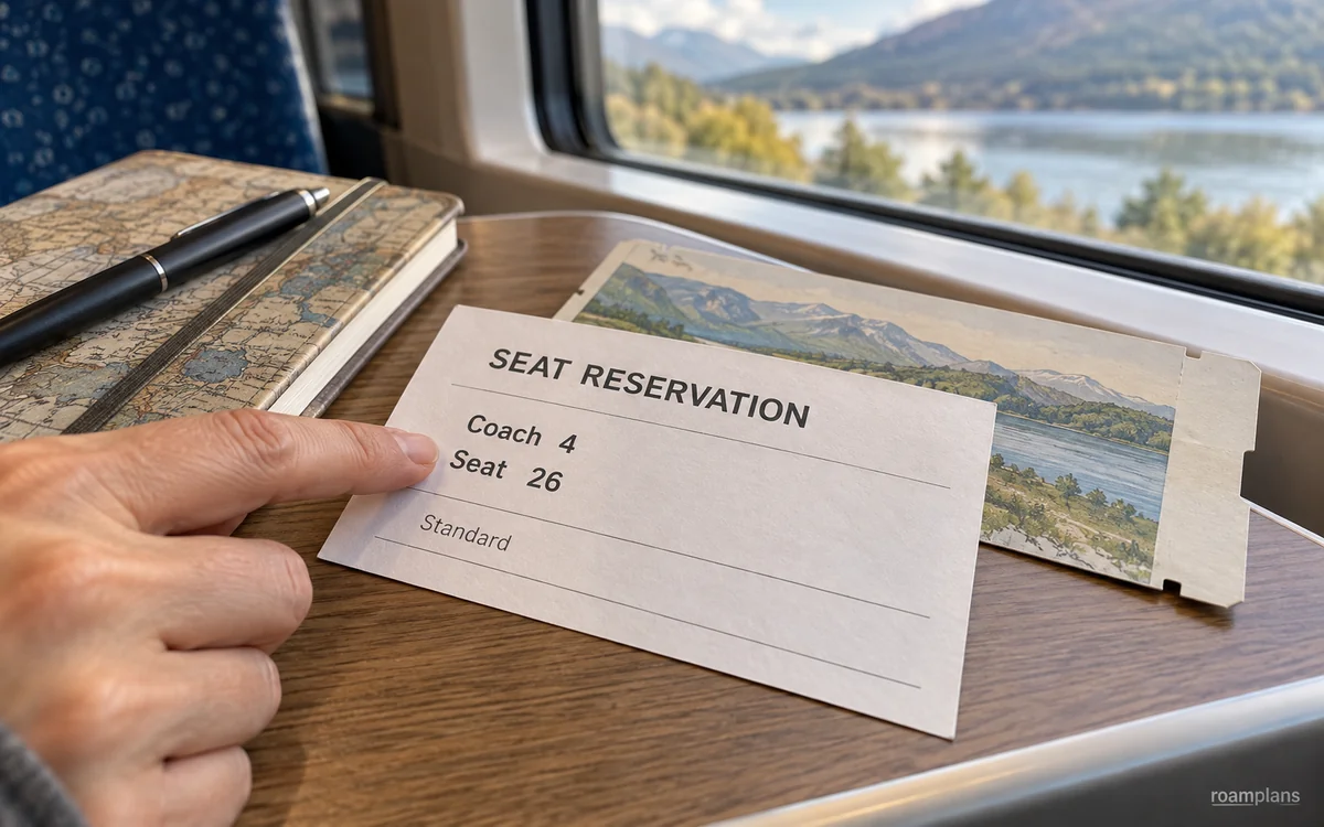 Train ticket showing carriage number, seat number, class, and reservation details