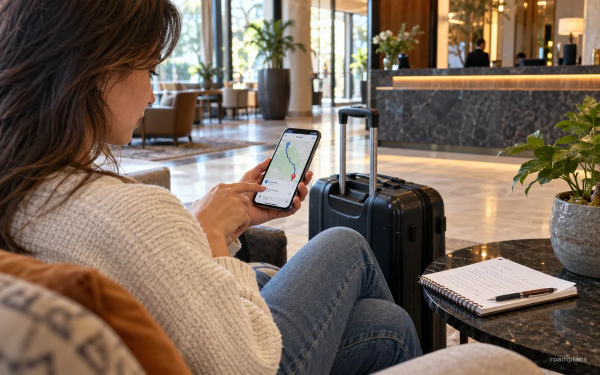 Traveler checking an official bus operator route, departure address, arrival stop, and connection time