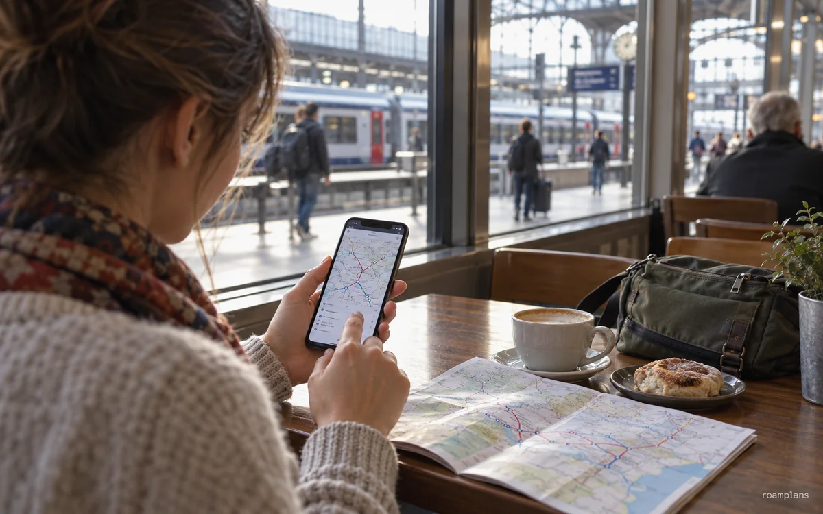 Traveler checking an official rail app, route map, station names, and connection times