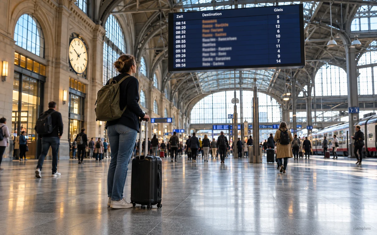 Traveler checking a railway departure board for the correct train number, destination, and platform
