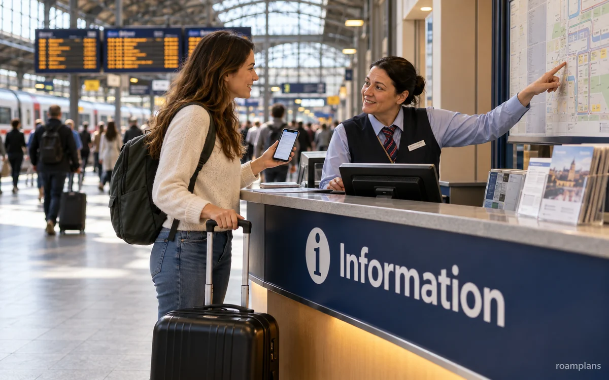 Traveler showing tickets and booking details to official staff at a transport information desk