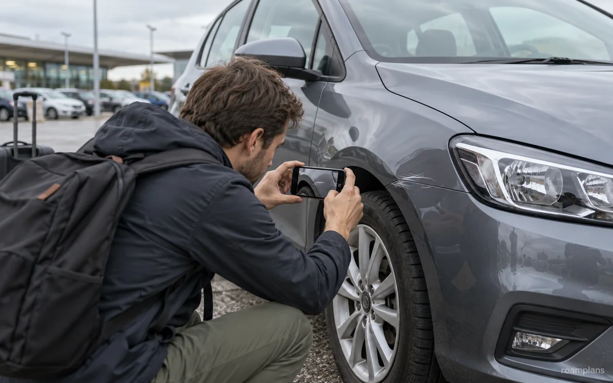 Traveler photographing an existing scratch near the rental car wheel arch