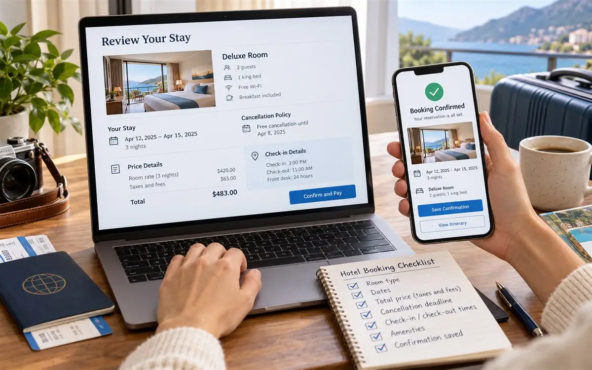 Traveler reviewing hotel confirmation, fees, room type, cancellation deadline, and check-in details