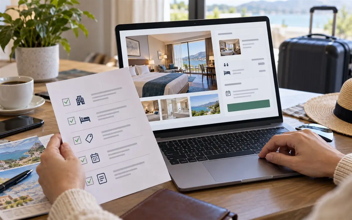 Traveler reviewing hotel price, room type, cancellation policy, and confirmation