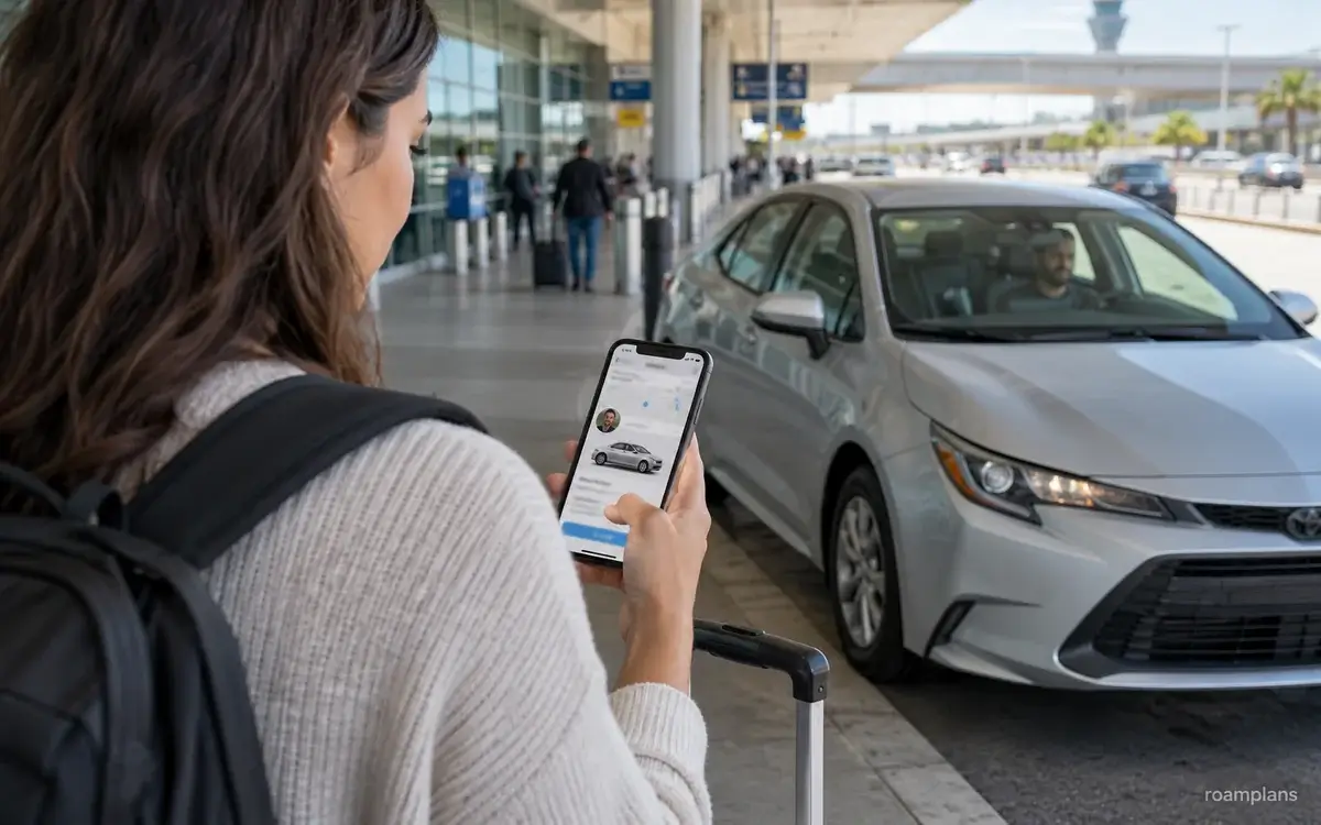 Illustrative traveler checking ride-app booking details before approaching a parked car