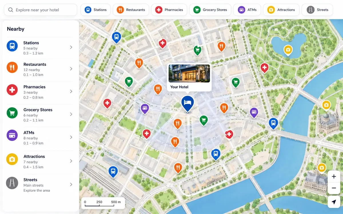 Traveler checking nearby stations, restaurants, pharmacies, and streets around a hotel on an online map